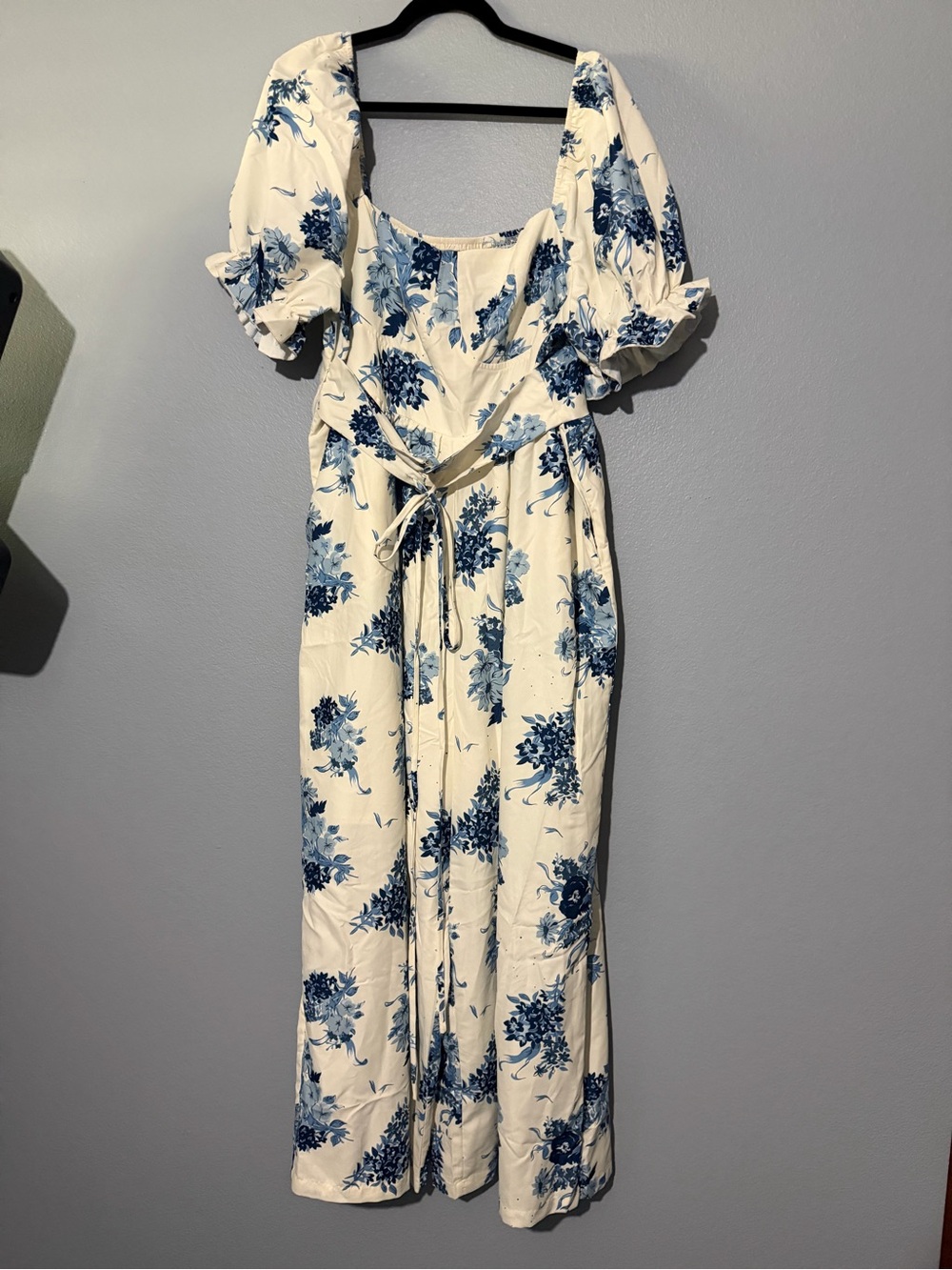 Cider Wide-Leg Jumpsuit with White with Blue Floral Print